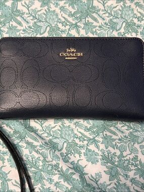 Coach Navy Blue Perforated Signature Leather Wallet with Gold Logo
